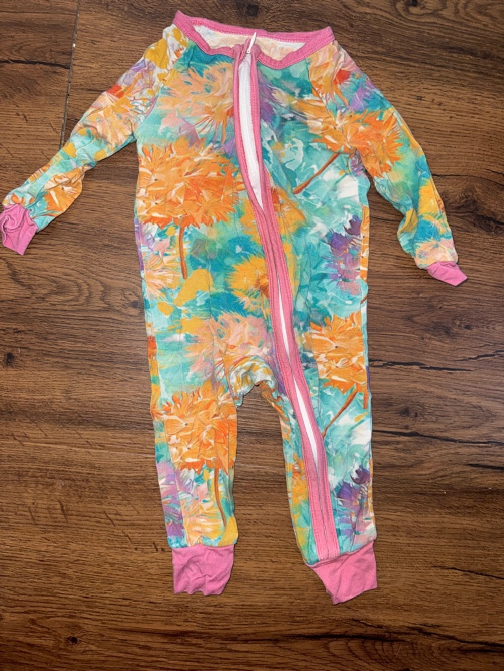 Floral Tie-Dye Kids Footed One-Piece Romper with Pink Trim